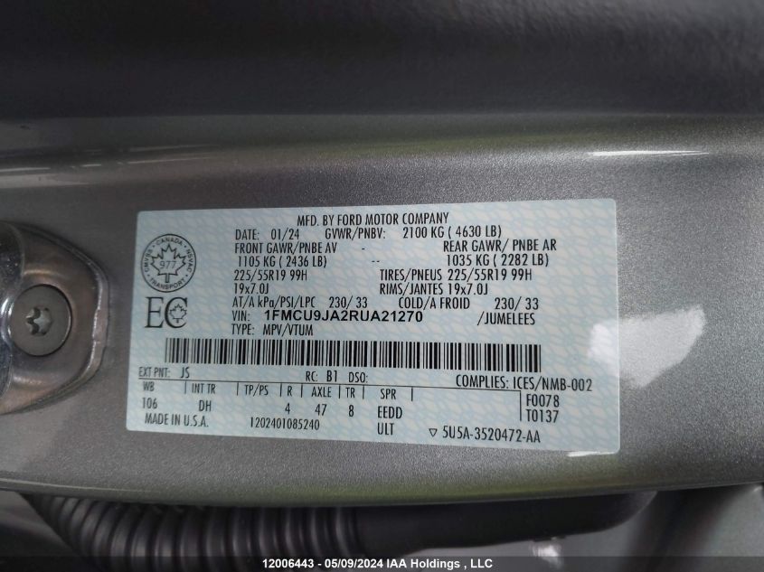 2024 Ford Escape VIN: 1FMCU9JA2RUA21270 Lot: 12006443