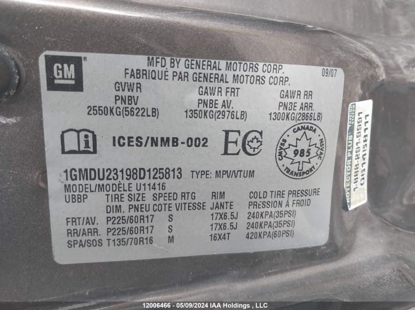 2008 Pontiac Montana Sv6 VIN: 1GMDU23198D125813 Lot: 12006466