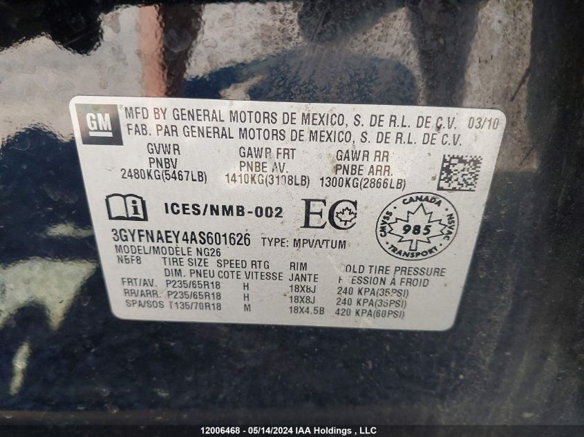 2010 Cadillac Srx VIN: 3GYFNAEY4AS601626 Lot: 12006468