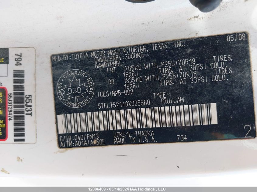 2008 Toyota Tundra Dlx 4.7L V8 VIN: 5TFLT52148X025560 Lot: 12006469