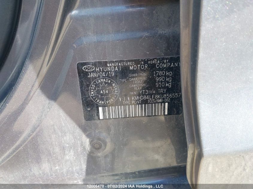 2019 Hyundai Elantra Sel/Value/Limited VIN: KMHD84LF8KU856557 Lot: 12006470