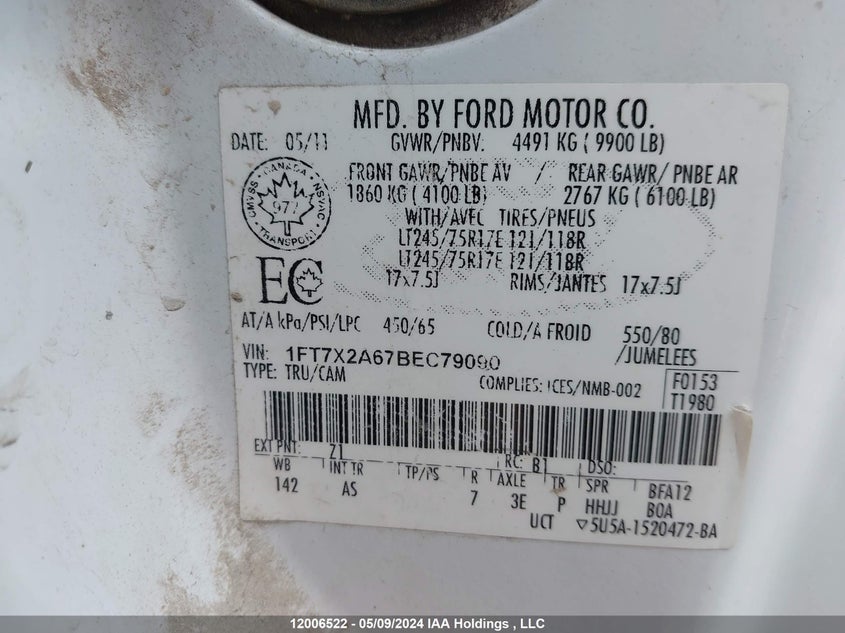 2011 Ford F250 Super Duty VIN: 1FT7X2A67BEC79090 Lot: 12006522