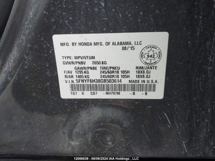 2016 Honda Pilot VIN: 5FNYF6H38GB503614 Lot: 12006539