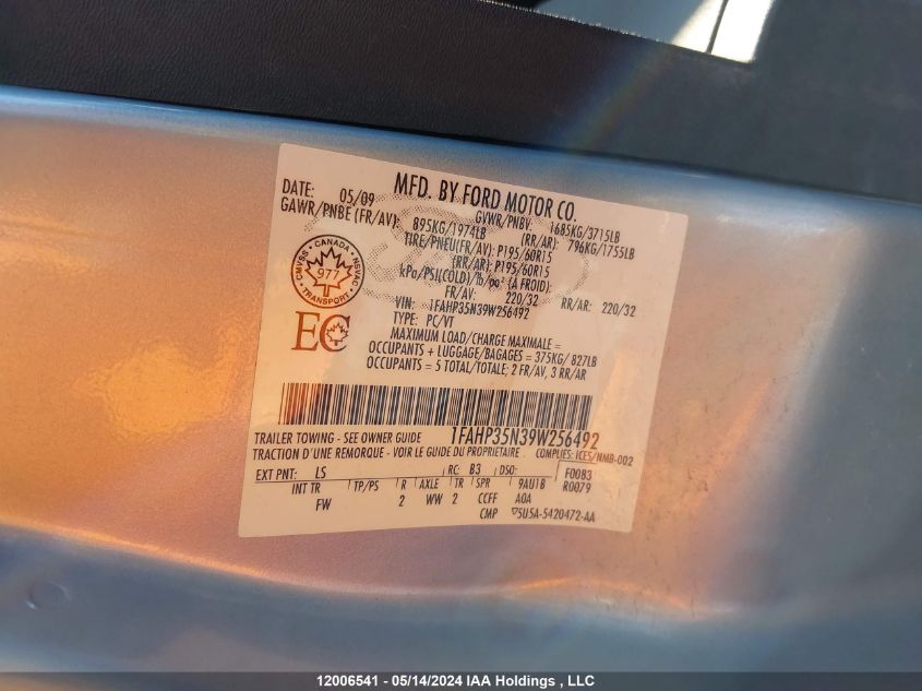 2009 Ford Focus VIN: 1FAHP35N39W256492 Lot: 12006541