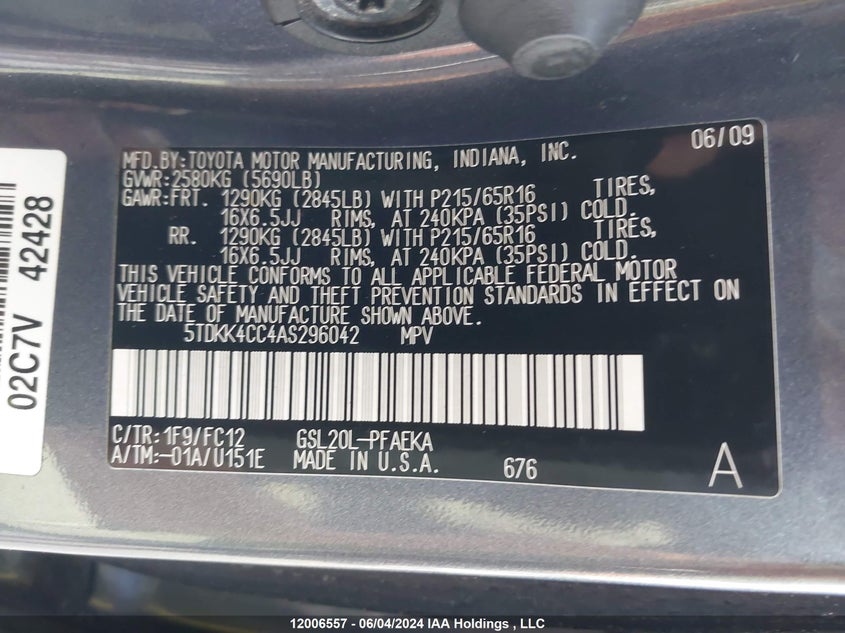 2010 Toyota Sienna Ce 7 Passenger/Ce 8 Passenger/Le 7 Passenger/Le 8 Passenger VIN: 5TDKK4CC4AS296042 Lot: 12006557