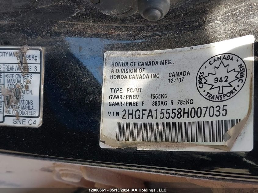 2008 Honda Civic Sdn VIN: 2HGFA15558H007035 Lot: 12006561