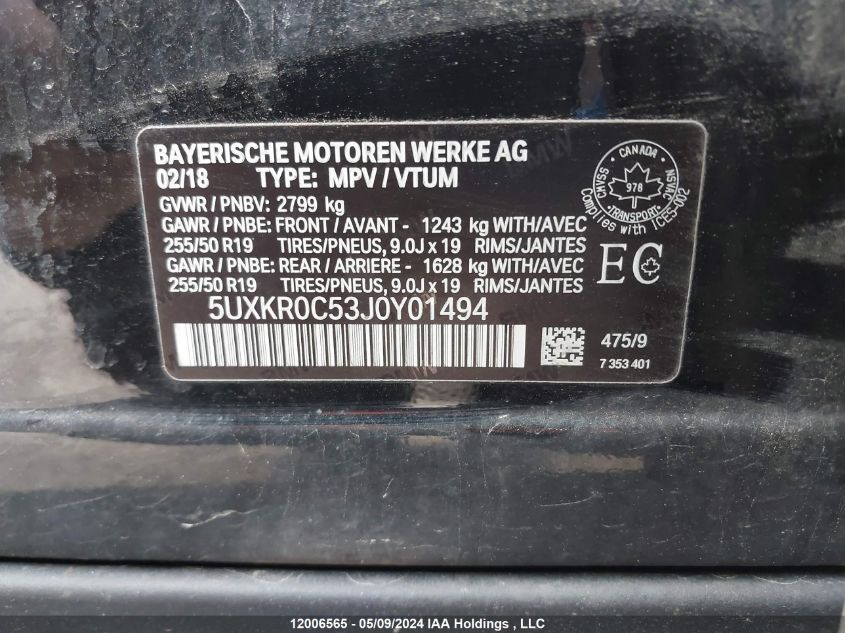 2018 BMW X5 VIN: 5UXKR0C53J0Y01494 Lot: 12006565