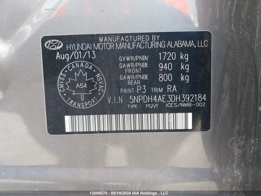 2013 Hyundai Elantra Gls VIN: 5NPDH4AE3DH392184 Lot: 12006570