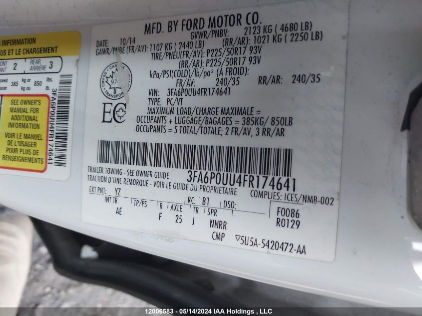 2015 Ford Fusion S Hybrid VIN: 3FA6POUU4FR174641 Lot: 12006583