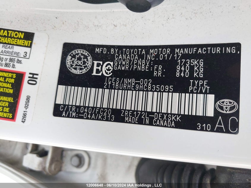 2017 Toyota Corolla L/Le/Xle/Se/Xse VIN: 2T1BURHE9HC835095 Lot: 12006648