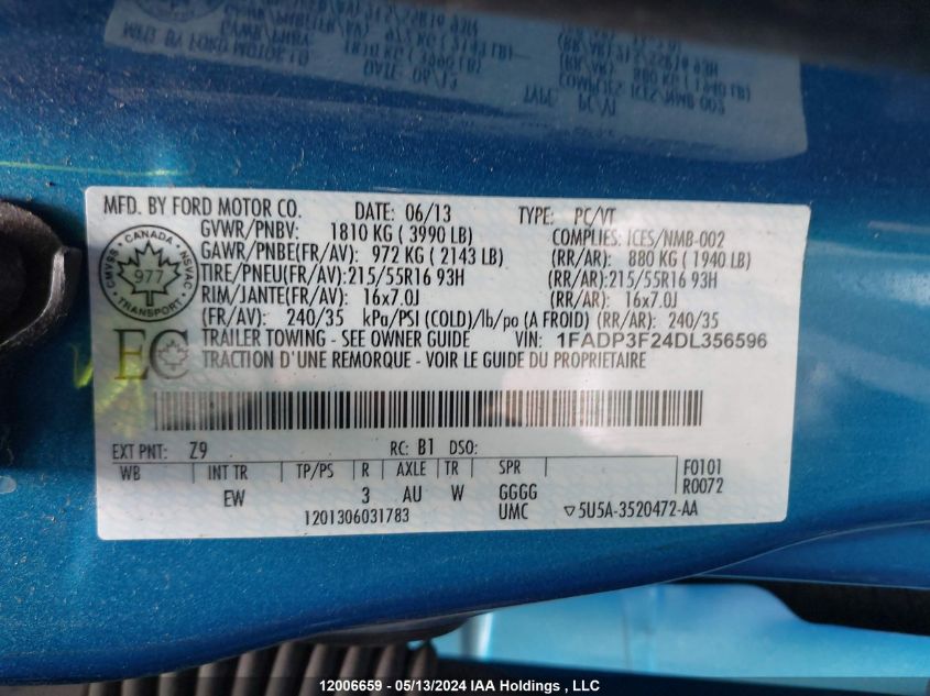 2013 Ford Focus Se VIN: 1FADP3F24DL356596 Lot: 12006659