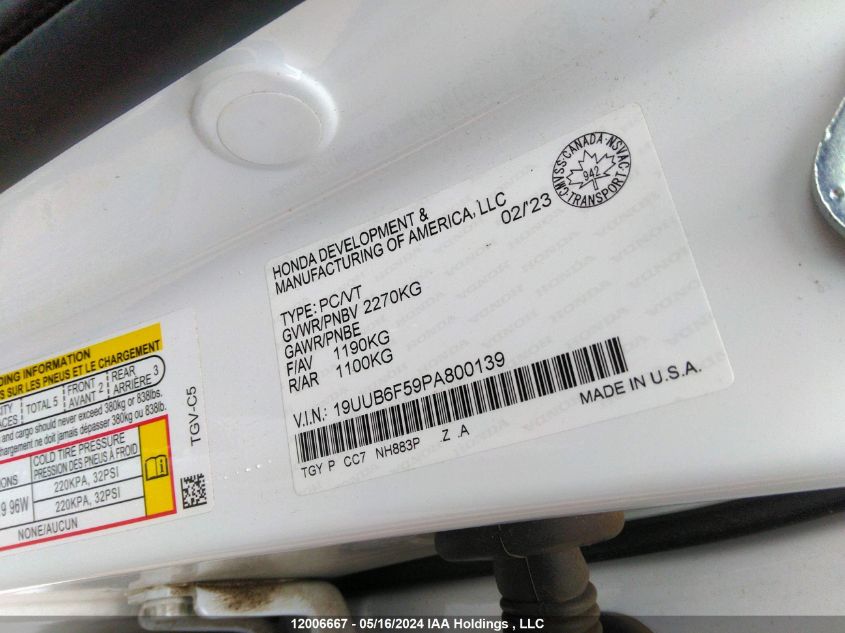 2023 Acura Tlx VIN: 19UUB6F59PA800139 Lot: 12006667