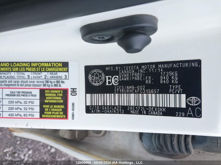 2015 Toyota Corolla L/Le/Le Pls/Prm/S/S Pls VIN: 2T1BURHE4FC315657 Lot: 12006668