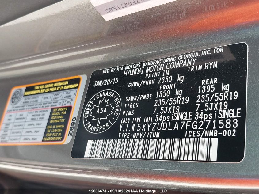 2015 Hyundai Santa Fe VIN: 5XYZUDLA7FG271583 Lot: 12006674