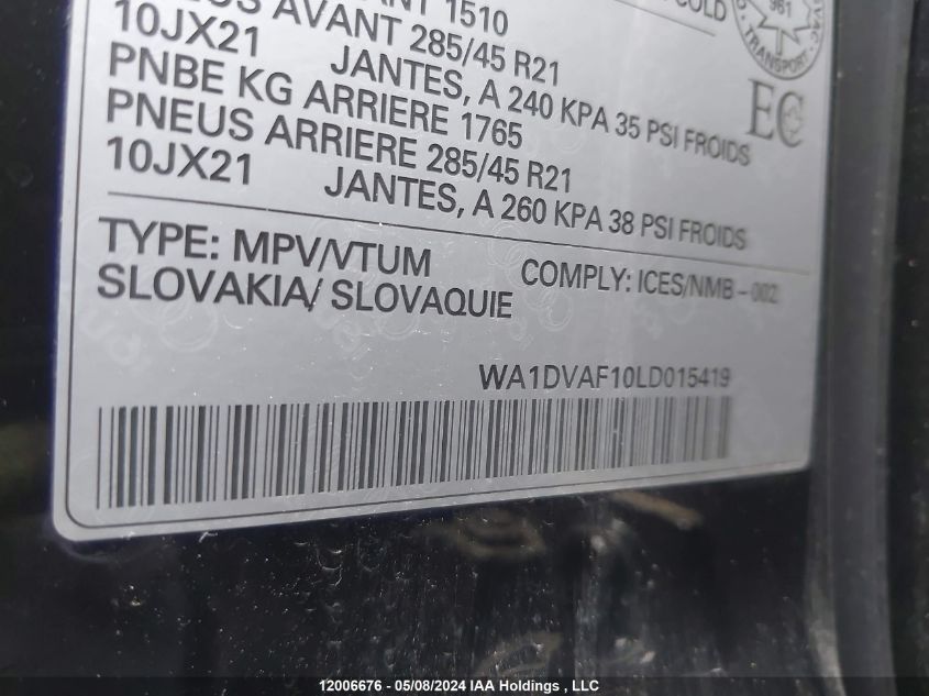 2020 Audi Q8 VIN: WA1DVAF10LD015419 Lot: 12006676