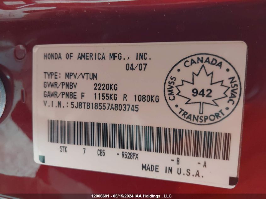 2007 Acura Rdx VIN: 5J8TB18557A803745 Lot: 12006681
