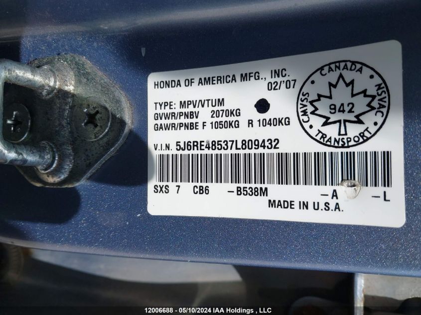 2007 Honda Cr-V VIN: 5J6RE48537L809432 Lot: 12006688