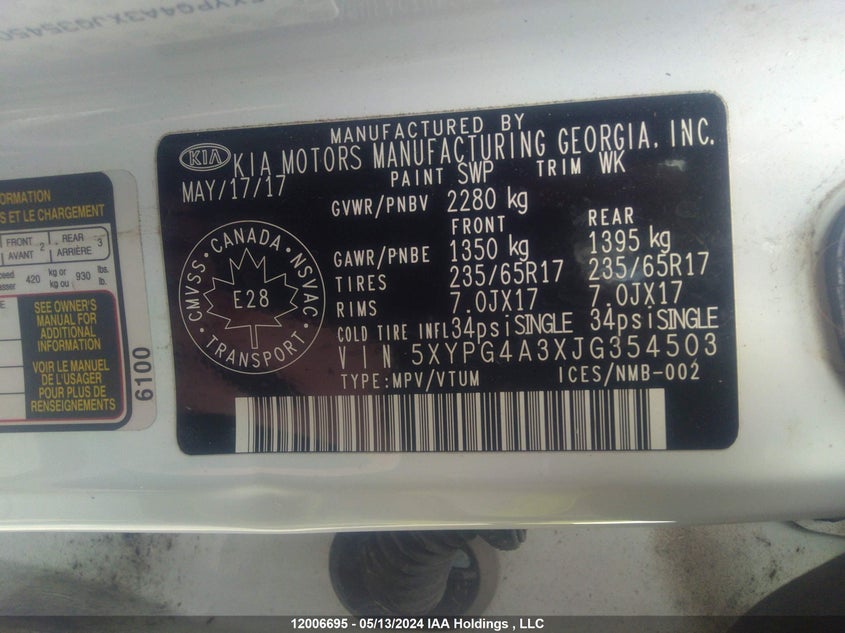 2018 Kia Sorento VIN: 5XYPG4A3XJG354503 Lot: 12006695