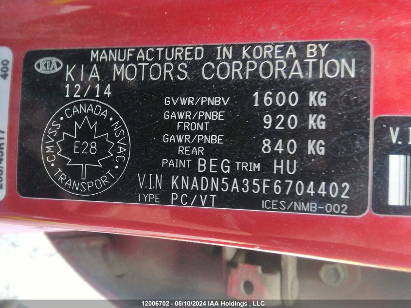 2015 Kia Rio VIN: KNADN5A35F6704402 Lot: 12006702