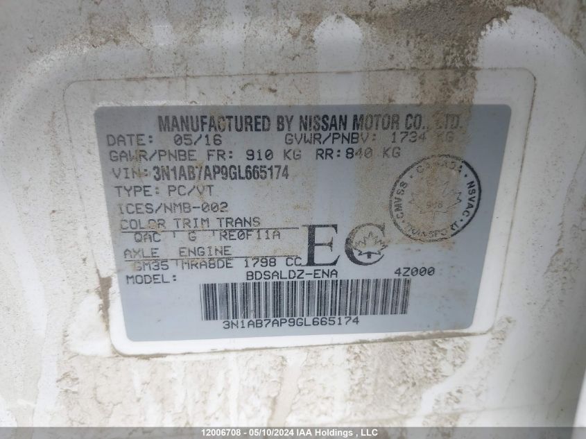 2016 Nissan Sentra S/Sv/Sr/Sl VIN: 3N1AB7AP9GL665174 Lot: 12006708