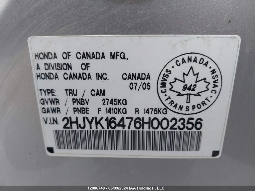 2006 Honda Ridgeline VIN: 2HJYK16476H002356 Lot: 12006749