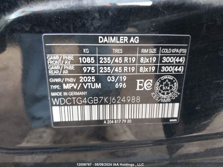 2019 Mercedes-Benz Gla-Class Gla 250 VIN: WDCTG4GB7KJ624988 Lot: 12006767