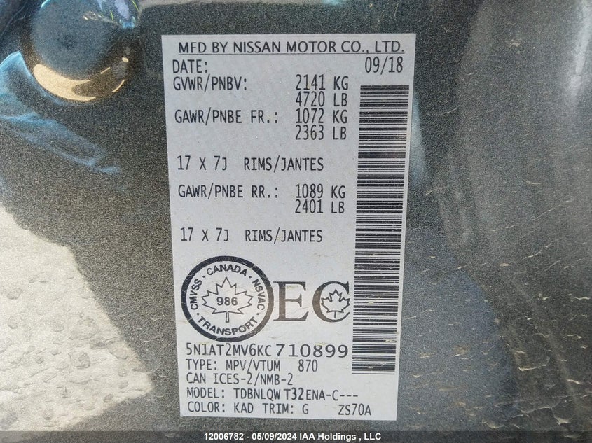 2019 Nissan Rogue VIN: 5N1AT2MV6KC710899 Lot: 12006782