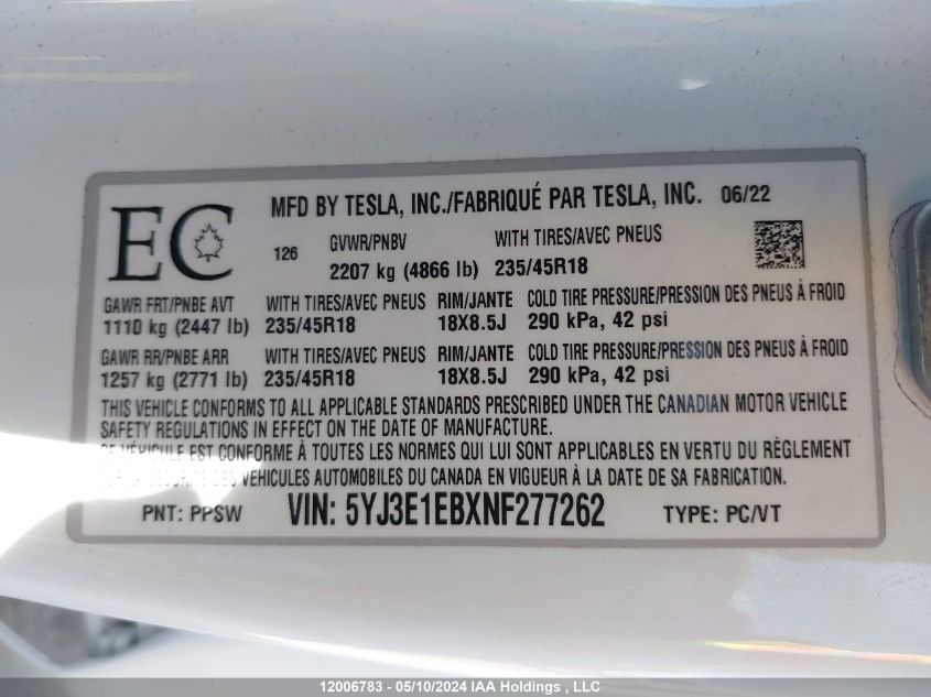 2022 Tesla Model 3 VIN: 5YJ3E1EBXNF277262 Lot: 12006783