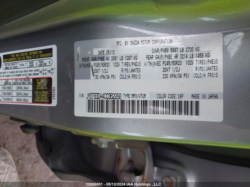 2012 Mazda Cx-9 VIN: JM3TB3DA4C0362288 Lot: 12006801