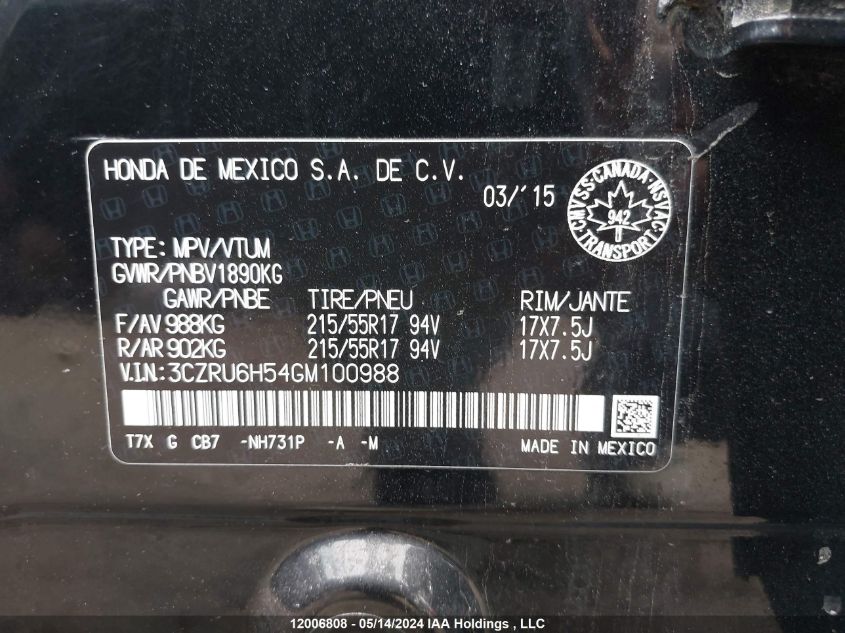 2016 Honda Hr-V VIN: 3CZRU6H54GM100988 Lot: 12006808