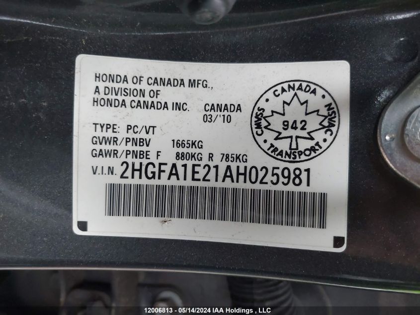 2HGFA1E21AH025981 2010 Honda Civic Dx