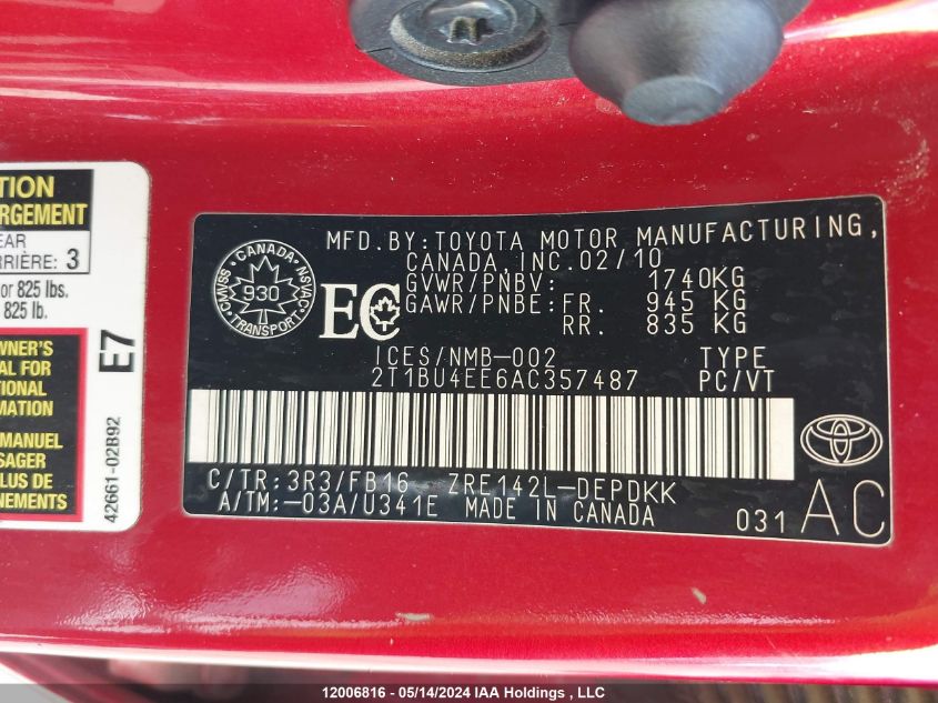 2010 Toyota Corolla S/Le/Xle VIN: 2T1BU4EE6AC357487 Lot: 12006816