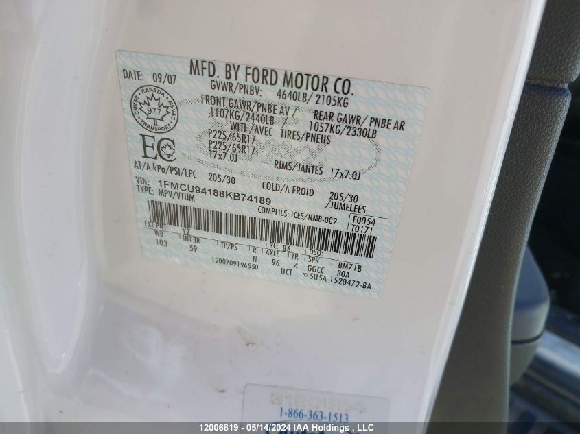 2008 Ford Escape VIN: 1FMCU94188KB74189 Lot: 12006819