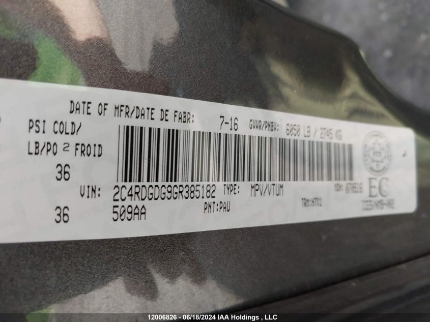 2016 Dodge Grand Caravan Crew VIN: 2C4RDGDG9GR385182 Lot: 12006826