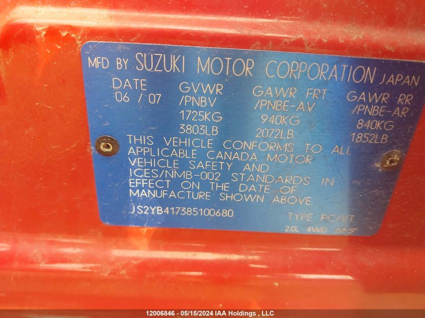 2008 Suzuki Sx4 Touring VIN: JS2YB417385100680 Lot: 12006846