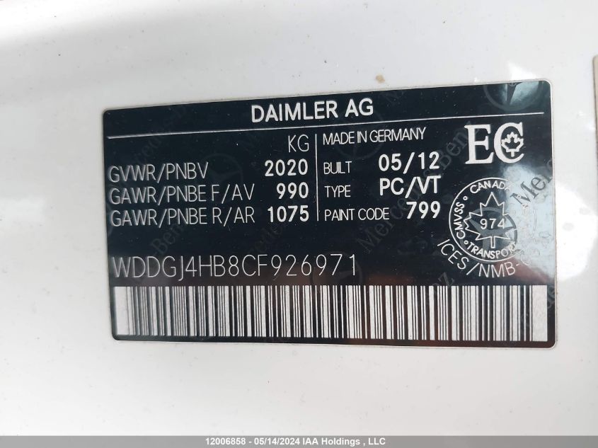 2012 Mercedes-Benz C 250 VIN: WDDGJ4HB8CF926971 Lot: 12006858