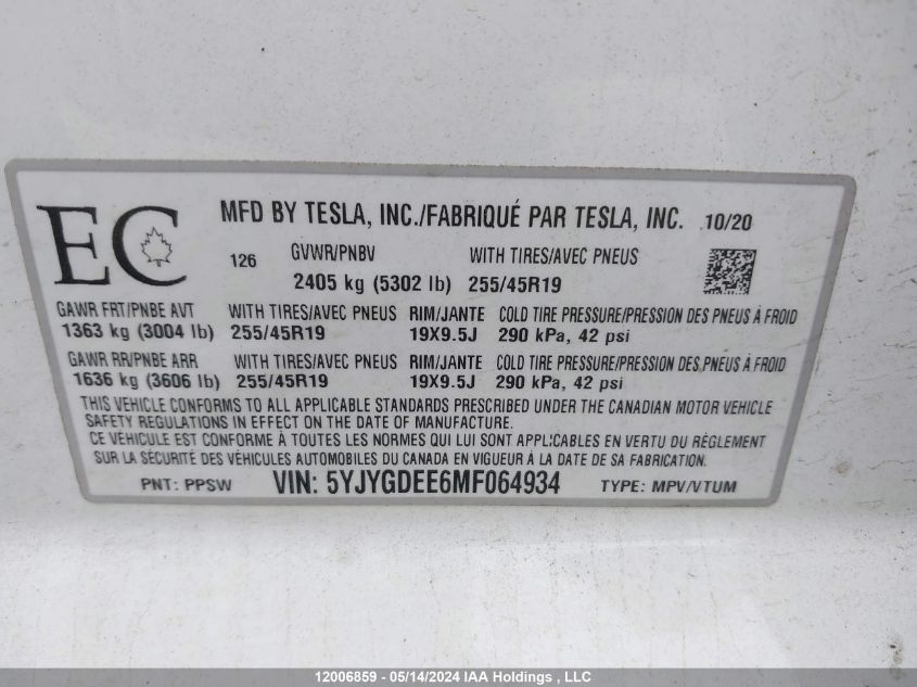 2021 Tesla Model Y VIN: 5YJYGDEE6MF064934 Lot: 12006859