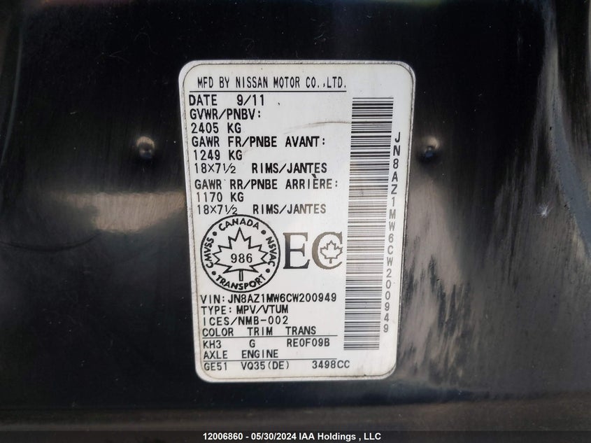 2012 Nissan Murano VIN: JN8AZ1MW6CW200949 Lot: 12006860