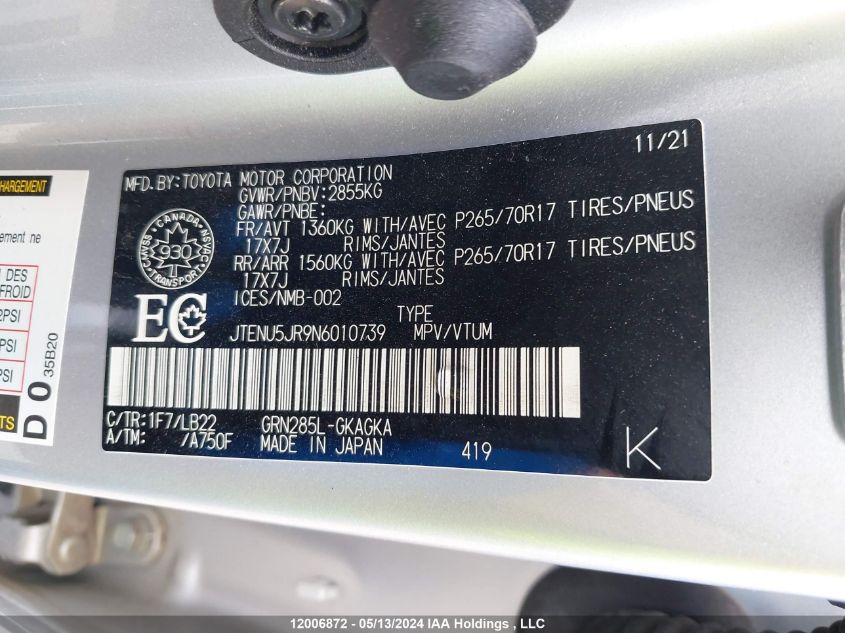 2022 Toyota 4Runner VIN: JTENU5JR9N6010739 Lot: 12006872