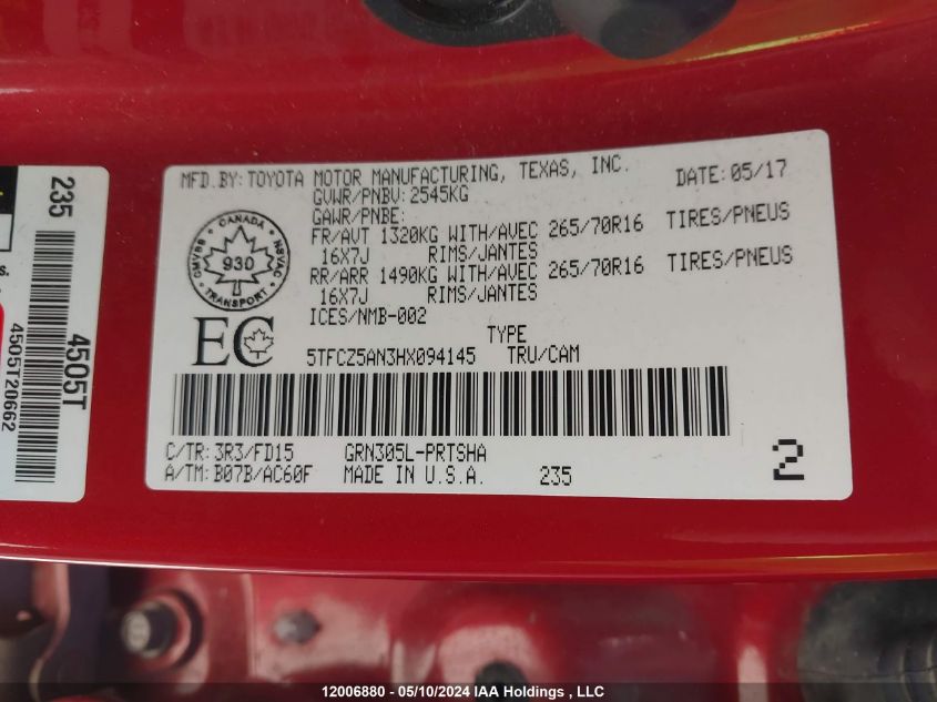 2017 Toyota Tacoma Dbl Cab/Sr/Trdspt/Or/Pro VIN: 5TFCZ5AN3HX094145 Lot: 12006880