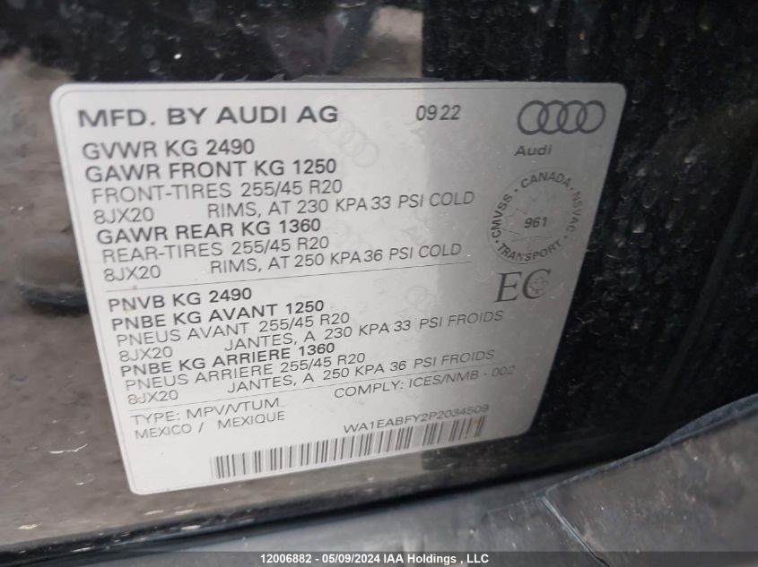 2023 Audi Q5 VIN: WA1EABFY2P2034509 Lot: 12006882