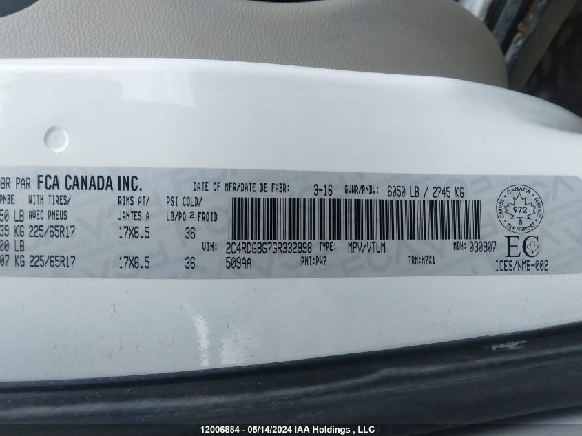 2016 Dodge Grand Caravan Se VIN: 2C4RDGBG7GR332998 Lot: 12006884