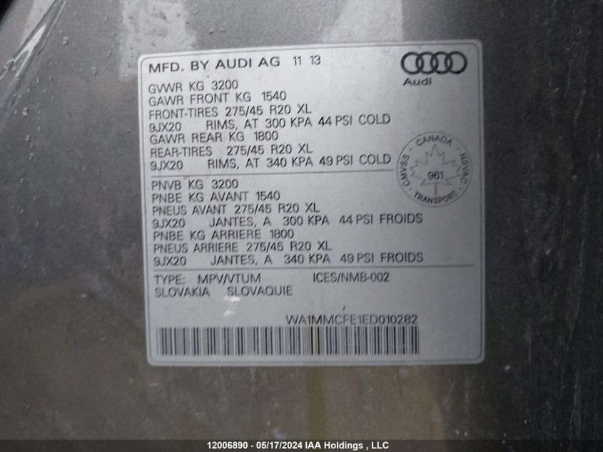 2014 Audi Q7 Premium Plus VIN: WA1MMCFE1ED010282 Lot: 12006890