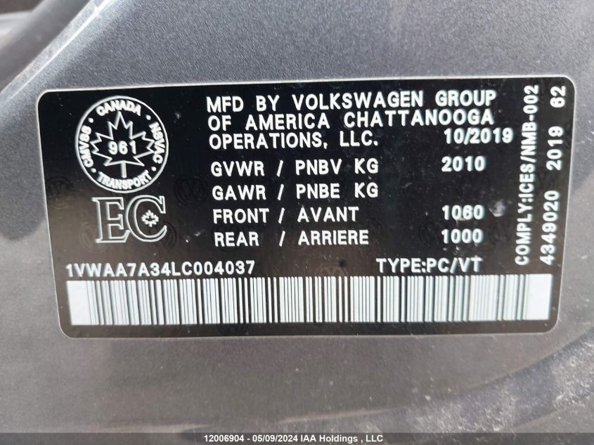 2020 Volkswagen Passat VIN: 1VWAA7A34LC004037 Lot: 12006904