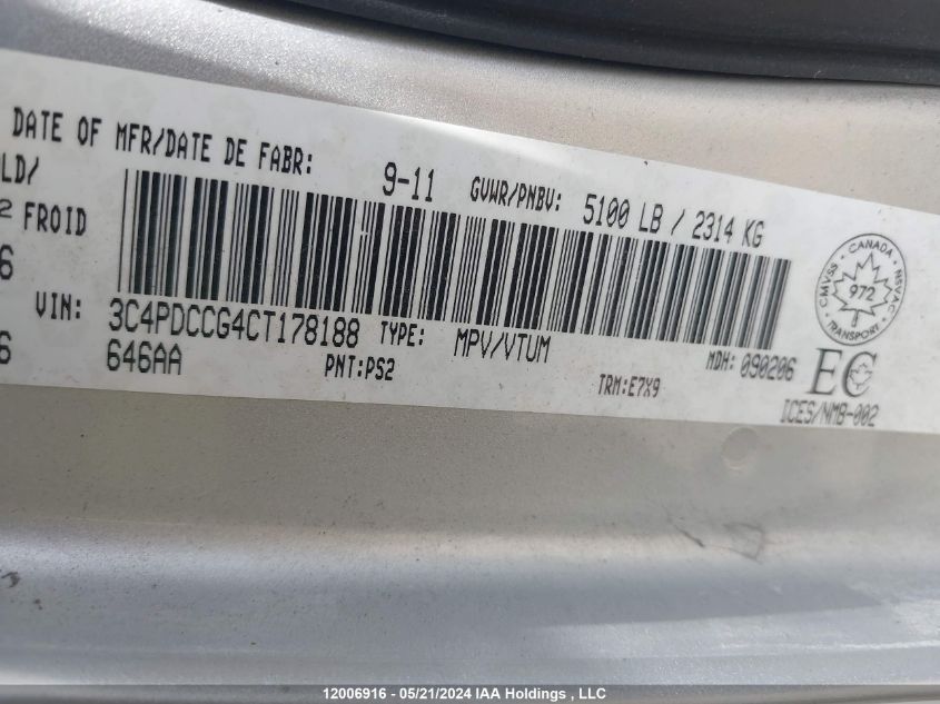 2012 Dodge Journey Sxt VIN: 3C4PDCCG4CT178188 Lot: 12006916