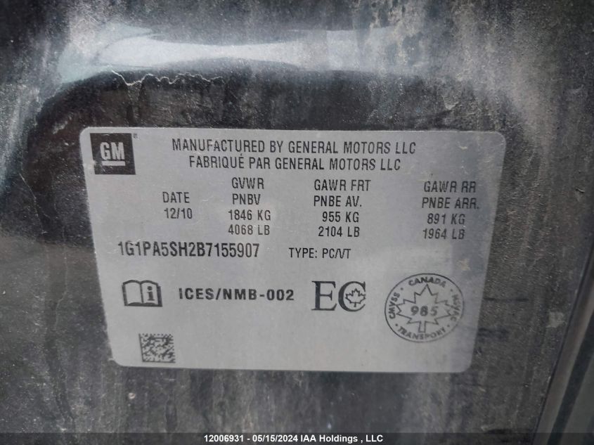 2011 Chevrolet Cruze Ls VIN: 1G1PA5SH2B7155907 Lot: 12006931