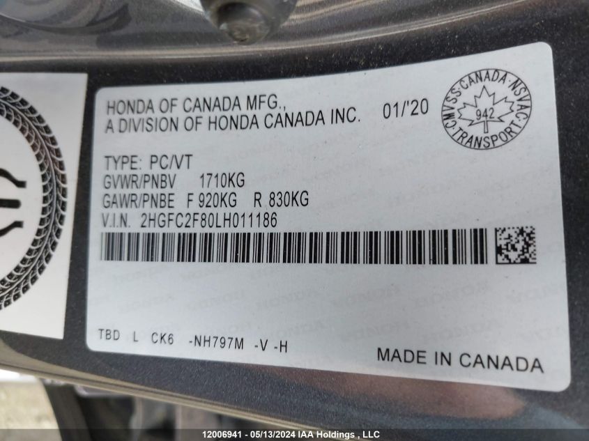 2020 Honda Civic VIN: 2HGFC2F80LH011186 Lot: 12006941