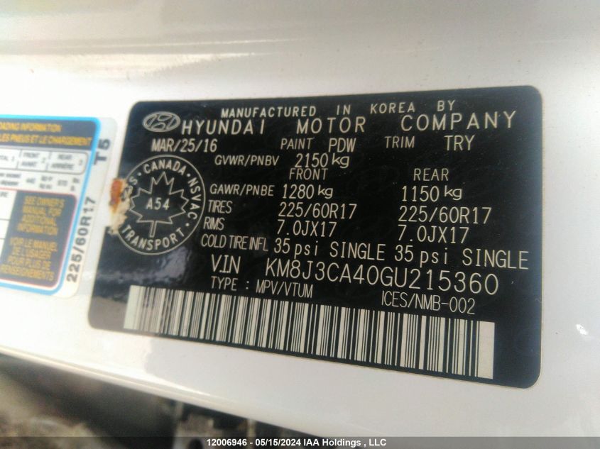 2016 Hyundai Tucson Premium VIN: KM8J3CA40GU215360 Lot: 12006946