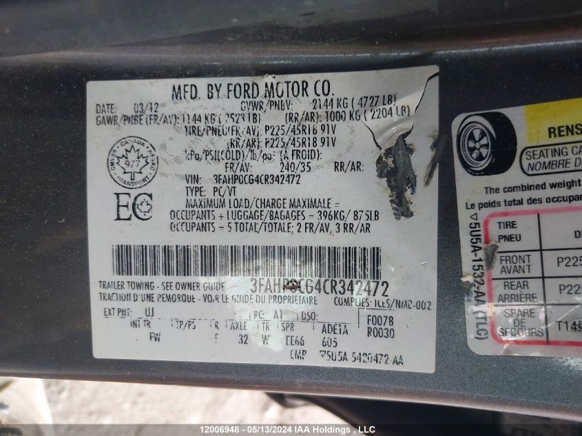 2012 Ford Fusion Sel VIN: 3FAHP0CG4CR342472 Lot: 12006948