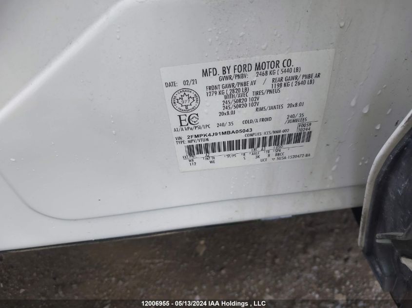 2021 Ford Edge Sel VIN: 2FMPK4J91MBA05043 Lot: 12006955